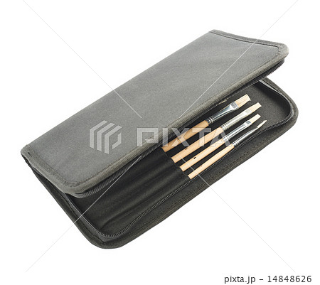 Opened black case for brushes isolated 14848626