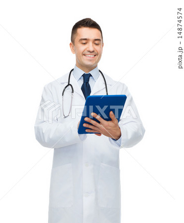 smiling male doctor in white coat with tablet pc smiling male doctor in white coat with tablet pc 14874574