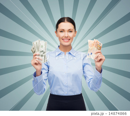 businesswoman with dollar and euro cash money businesswoman with dollar and euro cash money 14874866