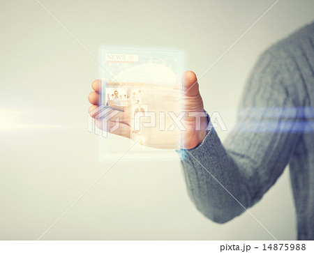 man showing tablet pc with news man showing tablet pc with news 14875988