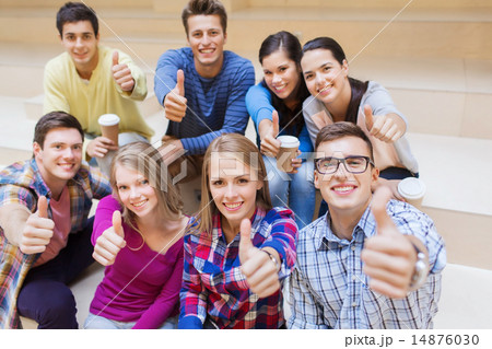 group of smiling students with paper coffee cups 14876030