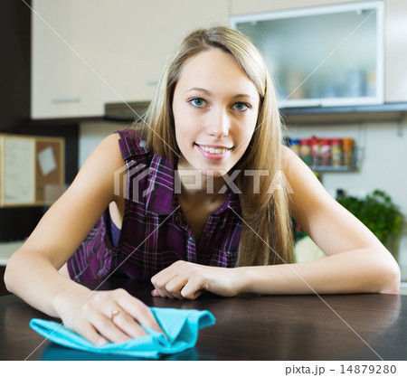 Housewife cleaning furniture in kitchen Housewife cleaning furniture in kitchen 14879280