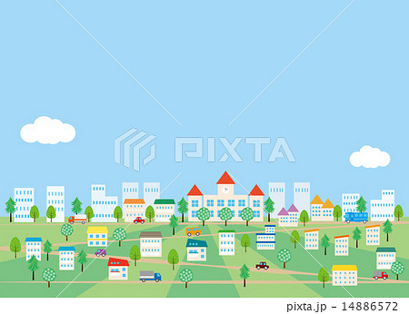 背景素材 緑のある街並と車1のイラスト素材