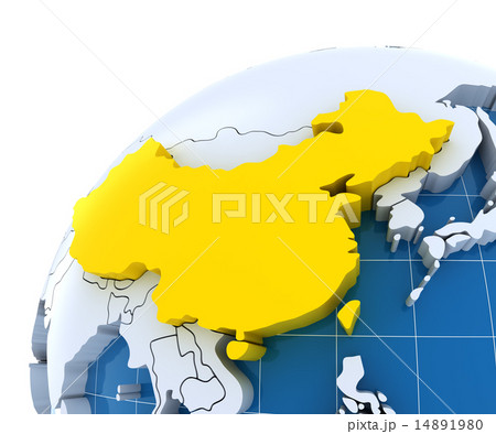 Globe with extruded continents, close-up on China 14891980