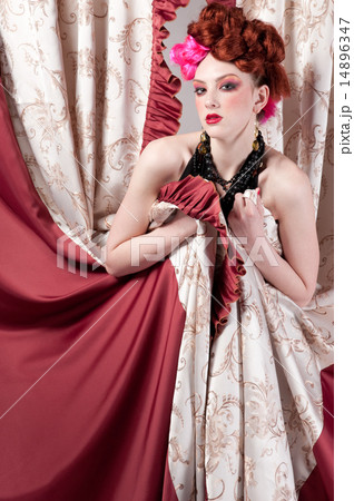 Closeup portrait of fashion woman posing with silck fabric 14896347
