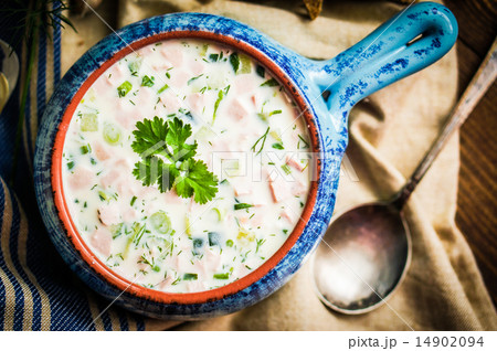 Cold summer soup on rustic background Cold summer soup on rustic background 14902094