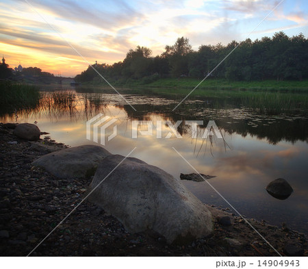 bank of the river in the city sunset bank of the river in the city sunset 14904943