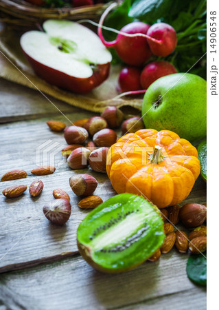 Fruits and vegetables on rustic background 14906548