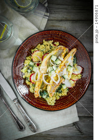 Grilled catfish with quinoa and radish salad Grilled catfish with quinoa and radish salad 14906871