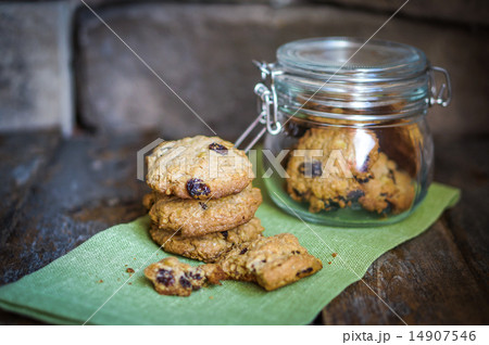 Oatmeal cookies with raisins on wooden background,vintage Oatmeal cookies with raisins on wooden background,vintage 14907546