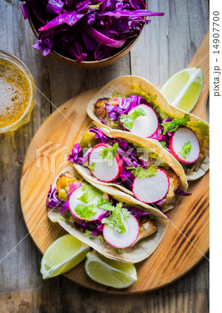 Fish tacoes on wooden background 14907700