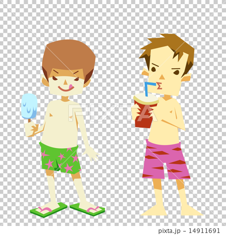 夏の水着の食いしん坊少年たちのイラスト素材