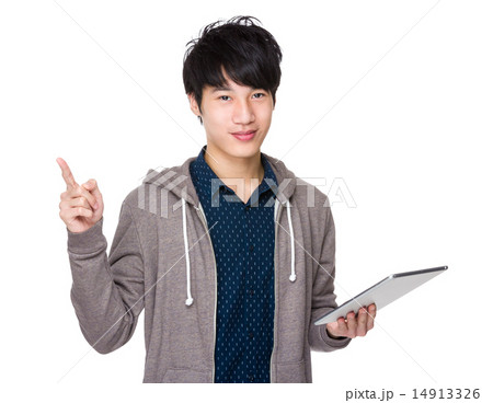 Man hold with tablet and finger point up 14913326