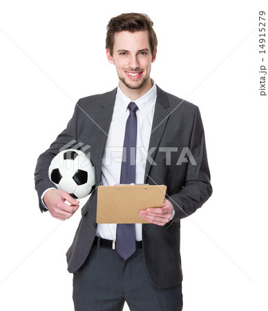 Football manager hold with a soccer and clipboard Football manager hold with a soccer and clipboard 14915279