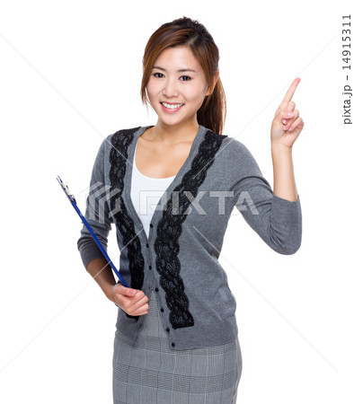 Woman with clipboard and finger up 14915311