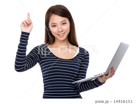 Woman use of laptop and finger point up 14916151