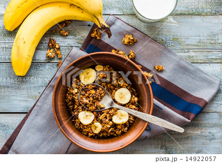 granola with bananas, nuts, figs and honey, milk granola with bananas, nuts, figs and honey, milk 14922057