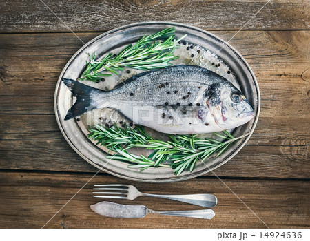 Fresh sea fish (sea bream) on a metal dish 14924636