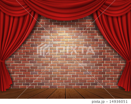 Red curtains on brick wall background 14936051