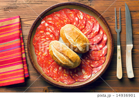 sliced chorizo salami on plate sliced chorizo salami on plate 14936901