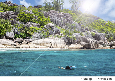 A snorkeler at an island coral reef with turtle. A snorkeler at an island coral reef with turtle. 14940346