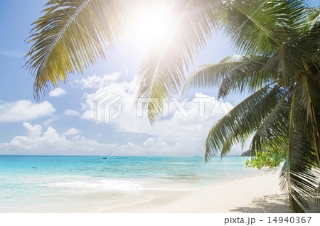 White coral beach sand and azure ocean.  14940367