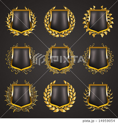 Golden shields with laurel wreath Golden shields with laurel wreath 14959054