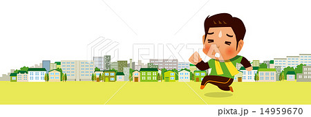 つらい表情で街中をジョギングする男性のイラスト素材