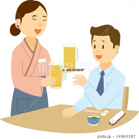 居酒屋で働く中国系女性と日本人男性客 14963287