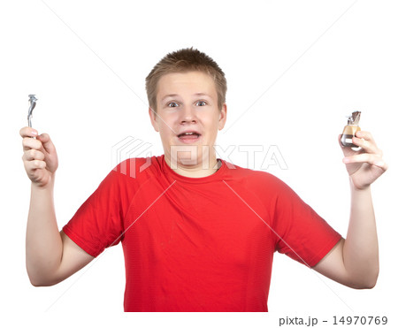 teenager the first time tries to have a shave and  14970769