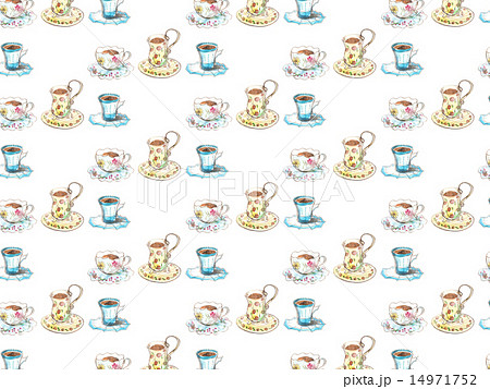 コーヒー コーヒーカップ カップ カフェ 水彩 手描き かわいい パターン 食器 ランチ 綺麗 ロマのイラスト素材 14971752 Pixta