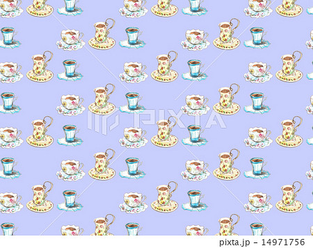 コーヒー,コーヒーカップ,カップ,カフェ,水彩,手描き,かわいい,パターン,食器,モーニング,綺麗, 14971756