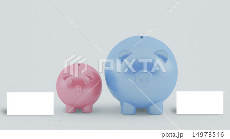 two piggy banks with blank white card 14973546