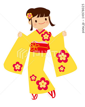 振り袖少女 黄色の着物のイラスト素材