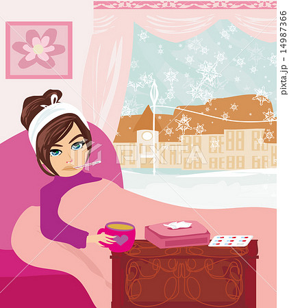 sick girl lying in bed 14987366