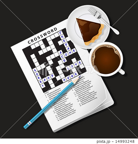 crossword game, mug of coffee and pie 14993248