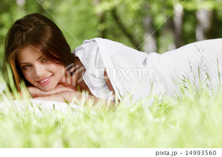 Woman wake up on grass 14993560