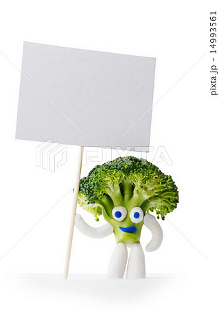 Broccoli mascot holding blank card 14993561