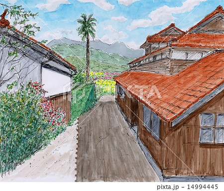 古民家のある風景のイラスト素材