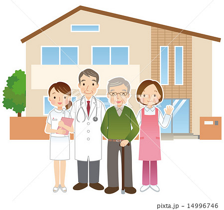 高齢者と医者と介護士 老人ホームのイラスト素材