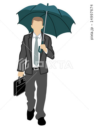 傘をさして歩くビジネスマン 正面 白バックのイラスト素材