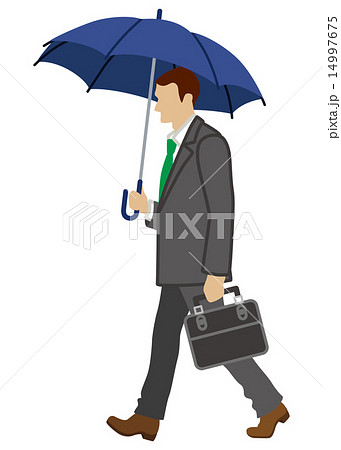傘をさして歩くビジネスマン 白バックのイラスト素材