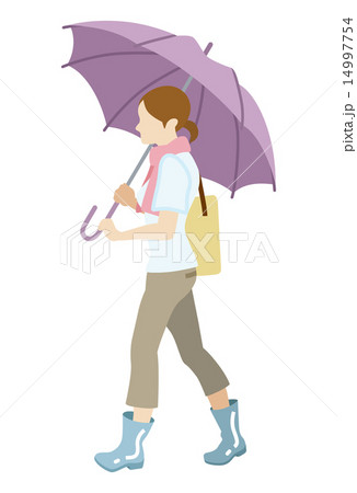 傘をさして歩く女性 白バックのイラスト素材