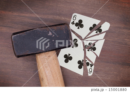 Hammer with a broken card, six of clubs Hammer with a broken card, six of clubs 15001880