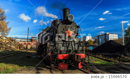 Old Soviet steam locomotive at the depot 15006570
