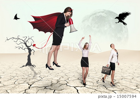 Devil businesslady with a megaphone screeming Devil businesslady with a megaphone screeming 15007594