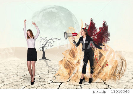 Devil screaming to loudspeaker on businesswoman 15010346
