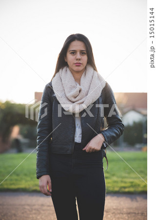 young beautiful long hair woman in town 15015144