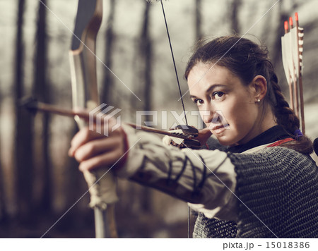 Medieval archery, woman shoot Medieval archery, woman shoot 15018386