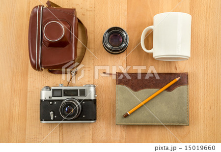shot retro journalist equipment lying on wooden 15019660